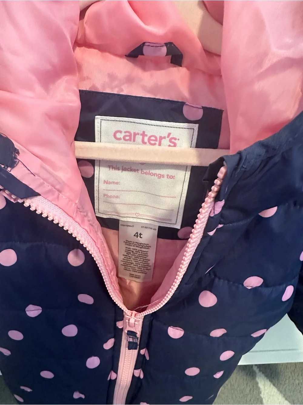 Carter's Navy Blue Puffer Jacket with Pink Polka Dots